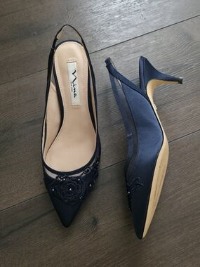 Nina Lace Womens Navy Slingback Pointed Toe Heels